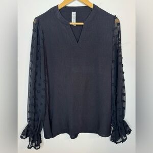 B Brand Women’s Black Balloon Long Sheer Large Swiss Dot Sleeve Blouse Size L